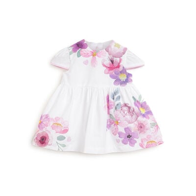 Girls White and Pink Floral Printed Short Sleeve Dress